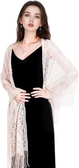 Fringe Shawl Wraps Floral Lace Scarf With Tassels for Women