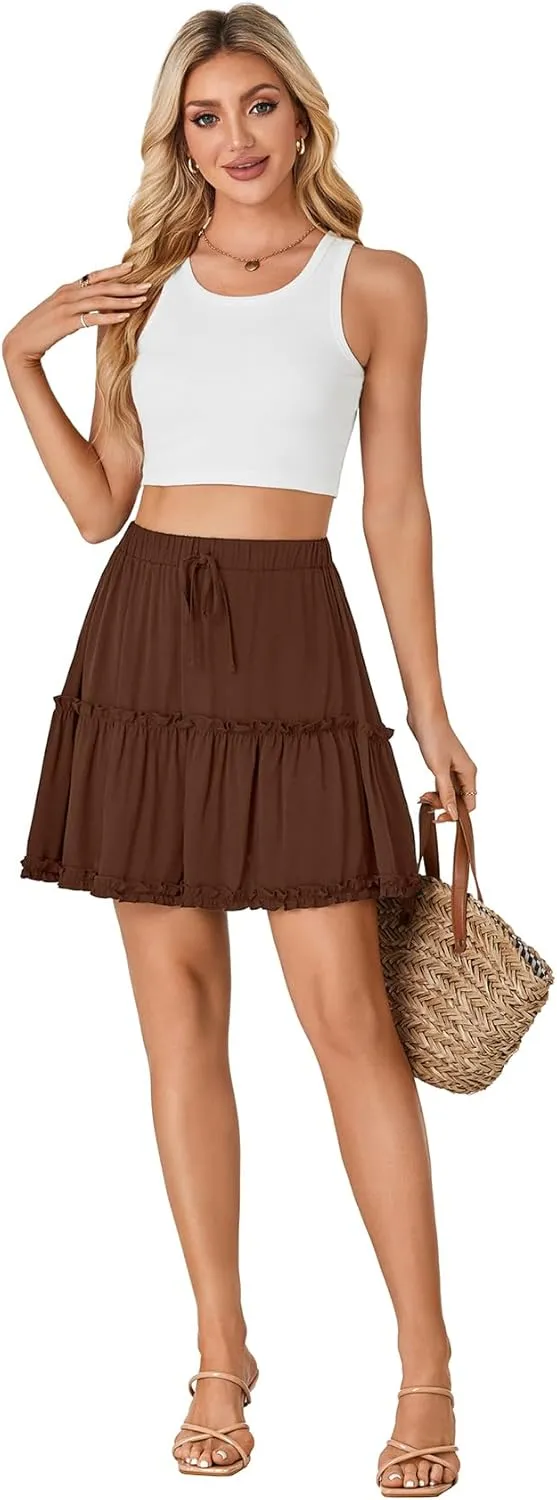 KIFOVEN Women's Summer Ruffle Skirt Elastic Waist Tiered Flowy A Line Short Mini Skirt