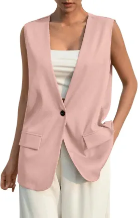 KIKX0DE Women Fall Fashion Sleeveless Blazer Jackets Lightweight Single Button Waistcoat Open Front Work Office Vest Top