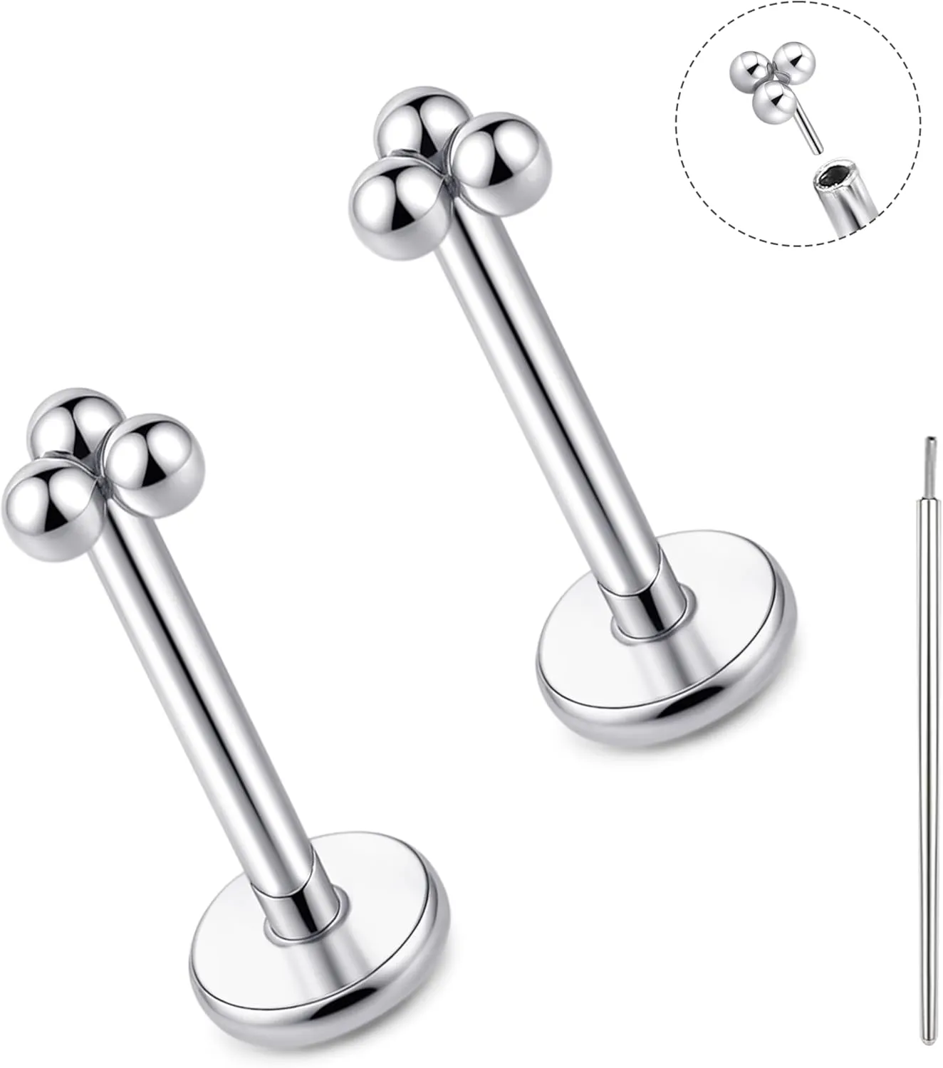 limerencia Titanium Threadless Flat Back Earrings Stud, 20G Press Fit Titanium Push Pop in Cartilage Tragus Labret Lip Medusa Conch Body Piercing Jewelry Hypoallergenic for Women Men