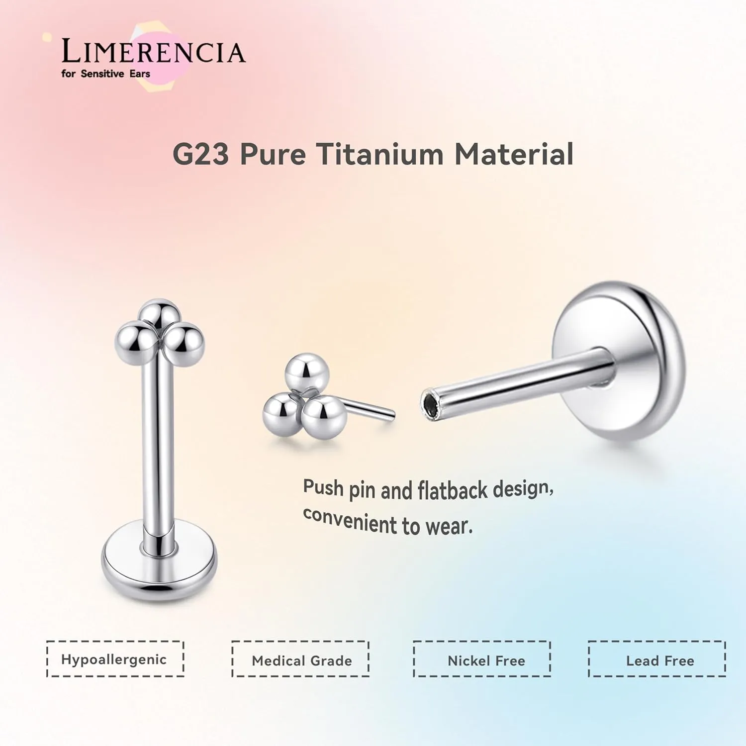 limerencia Titanium Threadless Flat Back Earrings Stud, 20G Press Fit Titanium Push Pop in Cartilage Tragus Labret Lip Medusa Conch Body Piercing Jewelry Hypoallergenic for Women Men