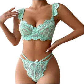 Lingerie for Women Lace Lace Leaf Edge Sleeve Bow Decoration Lingerie Set with Garter Belt