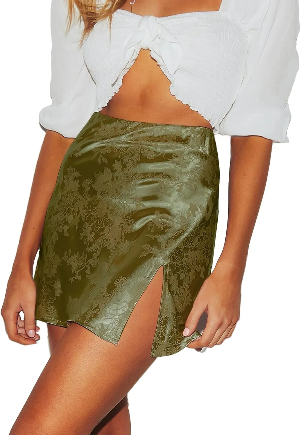 LYANER Women's Elegant Jacquard Side Split Slit Zipper High Waist Mini Short Skirt
