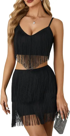 LYANER Women's Sexy 2 Piece Outfit Fringe Deep V Neck Sleeveless Cami and Short Skirt Sets