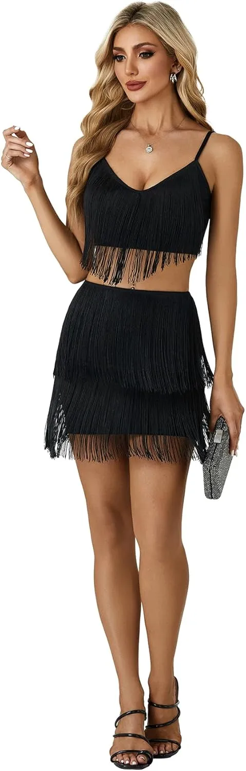 LYANER Women's Sexy 2 Piece Outfit Fringe Deep V Neck Sleeveless Cami and Short Skirt Sets
