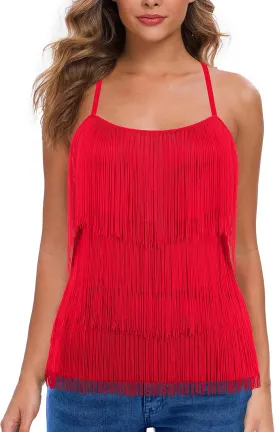 MANER Womens Fringe Top Tassel Trim Cami Spaghetti Strap Tank Tops