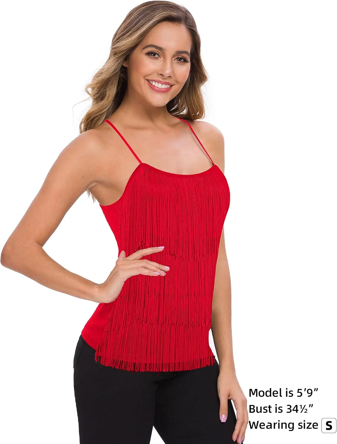 MANER Womens Fringe Top Tassel Trim Cami Spaghetti Strap Tank Tops
