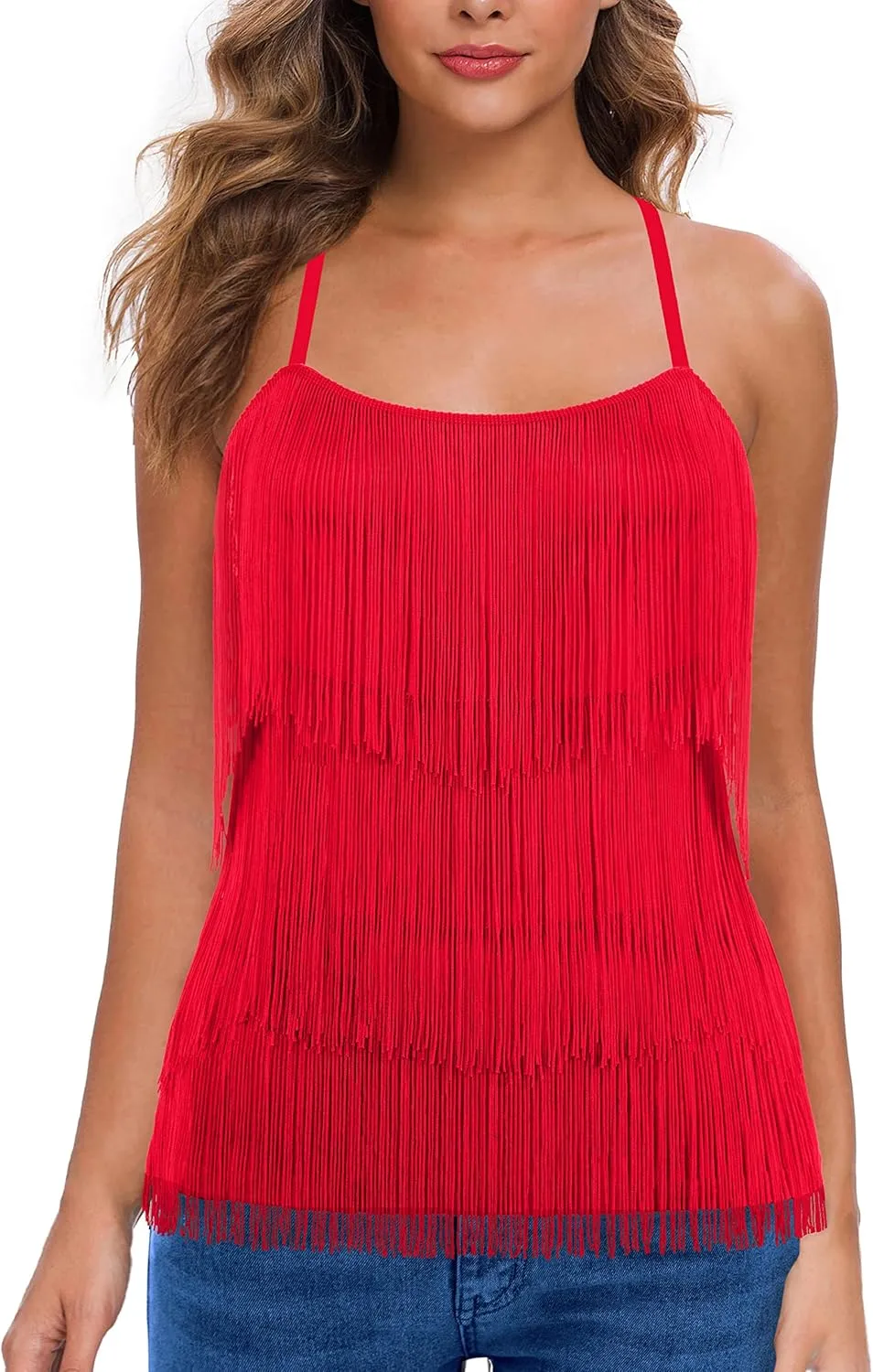 MANER Womens Fringe Top Tassel Trim Cami Spaghetti Strap Tank Tops