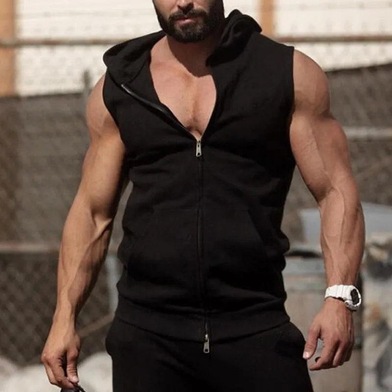 Men's Fashion Solid Color Sleeveless Hooded Sports Vest