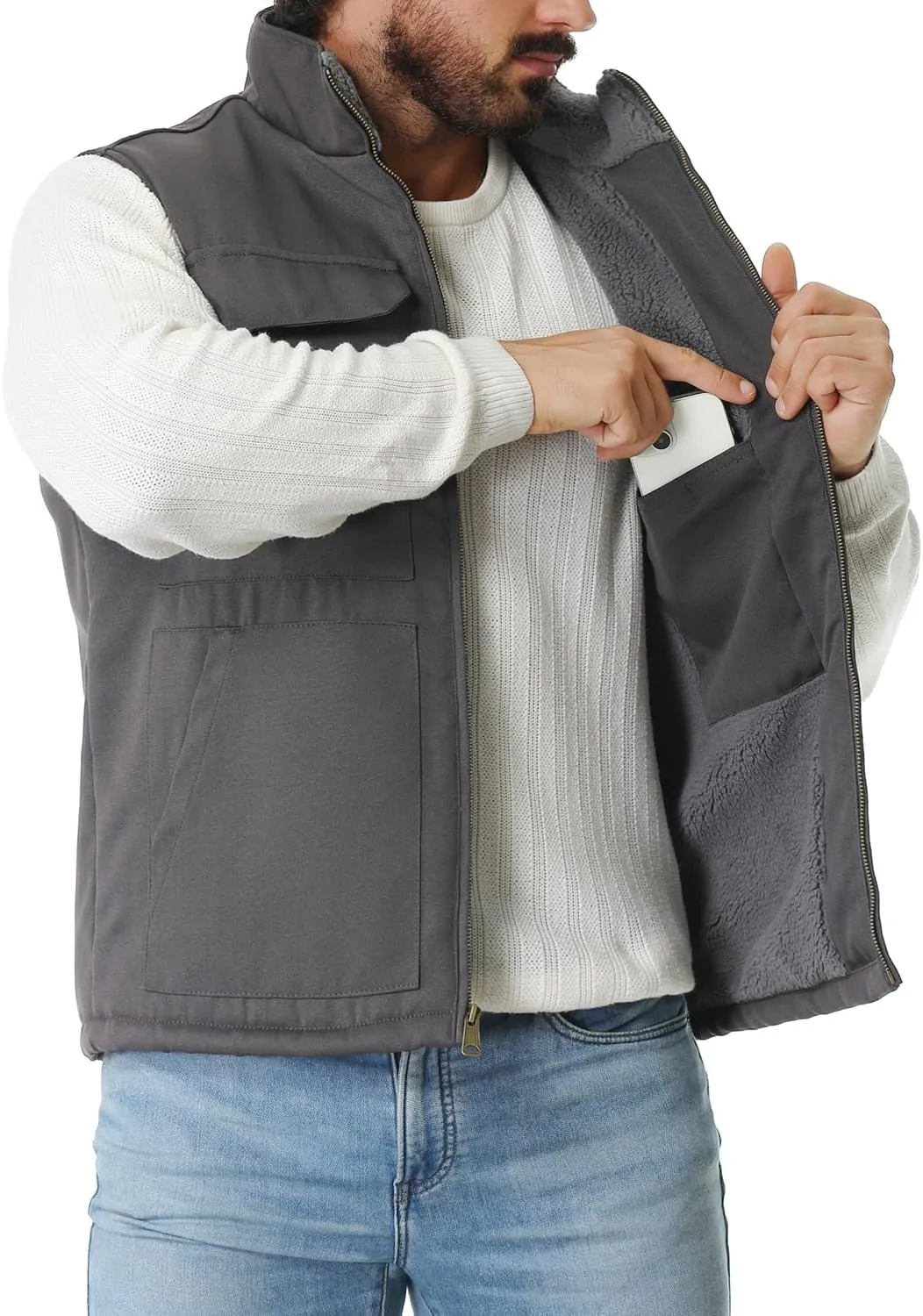Men's Loose Fit Washed Duck Fleece-Lined Waterproof Workwear Mock-Neck Vest
