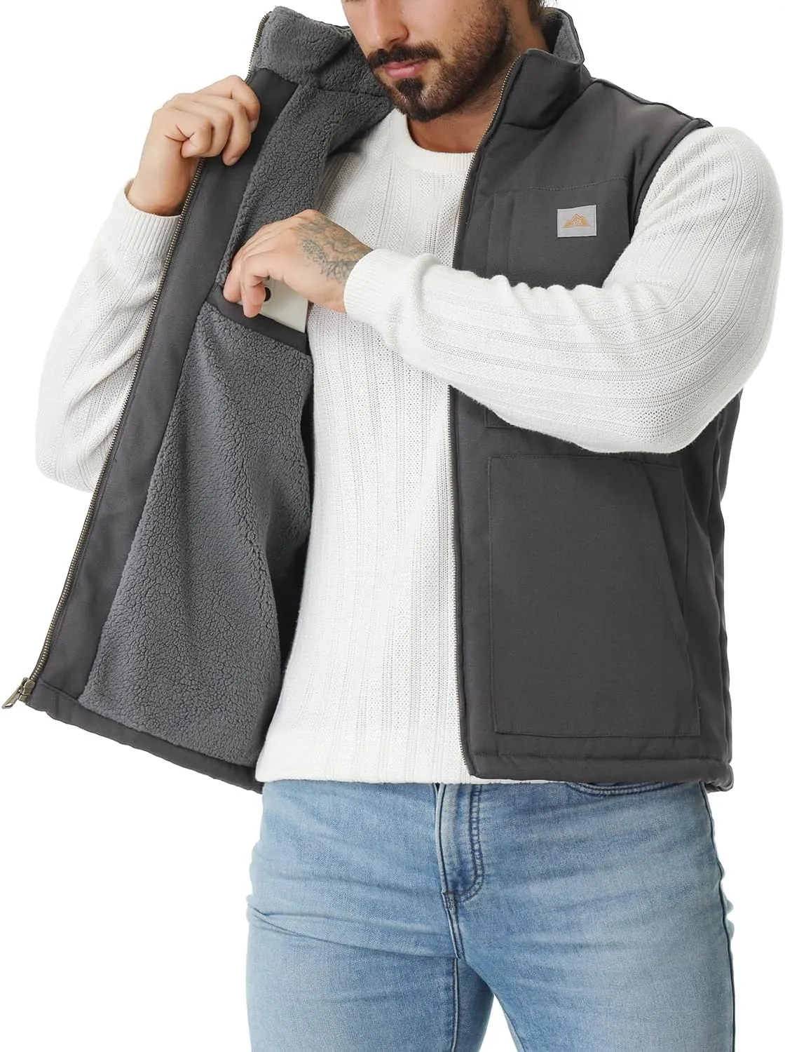 Men's Loose Fit Washed Duck Fleece-Lined Waterproof Workwear Mock-Neck Vest
