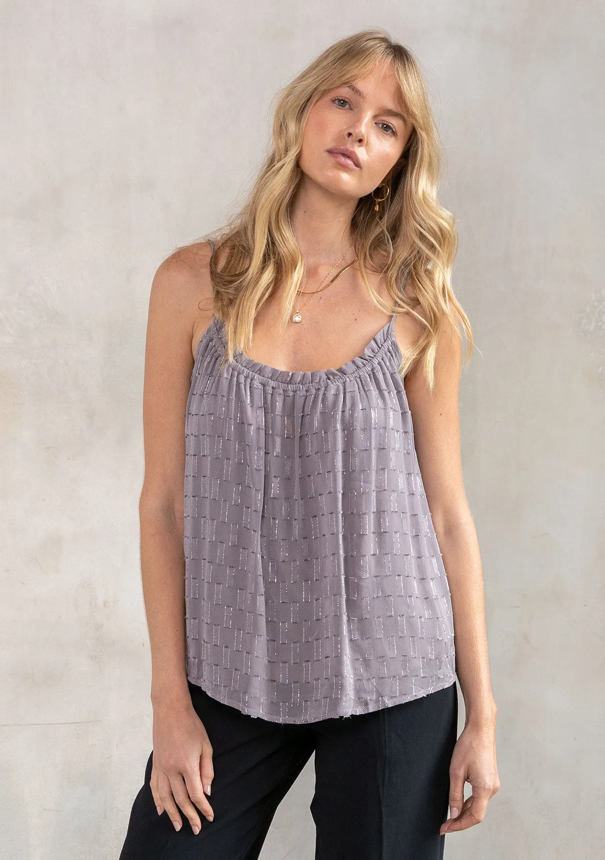Metallic Clipped Chiffon Flowy Holiday Tank Top