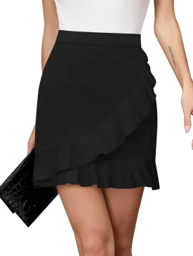 Missufe Women's Summer Casual Wrap Ruffle Hem High Waist Stretch Solid Mini Short Skirt