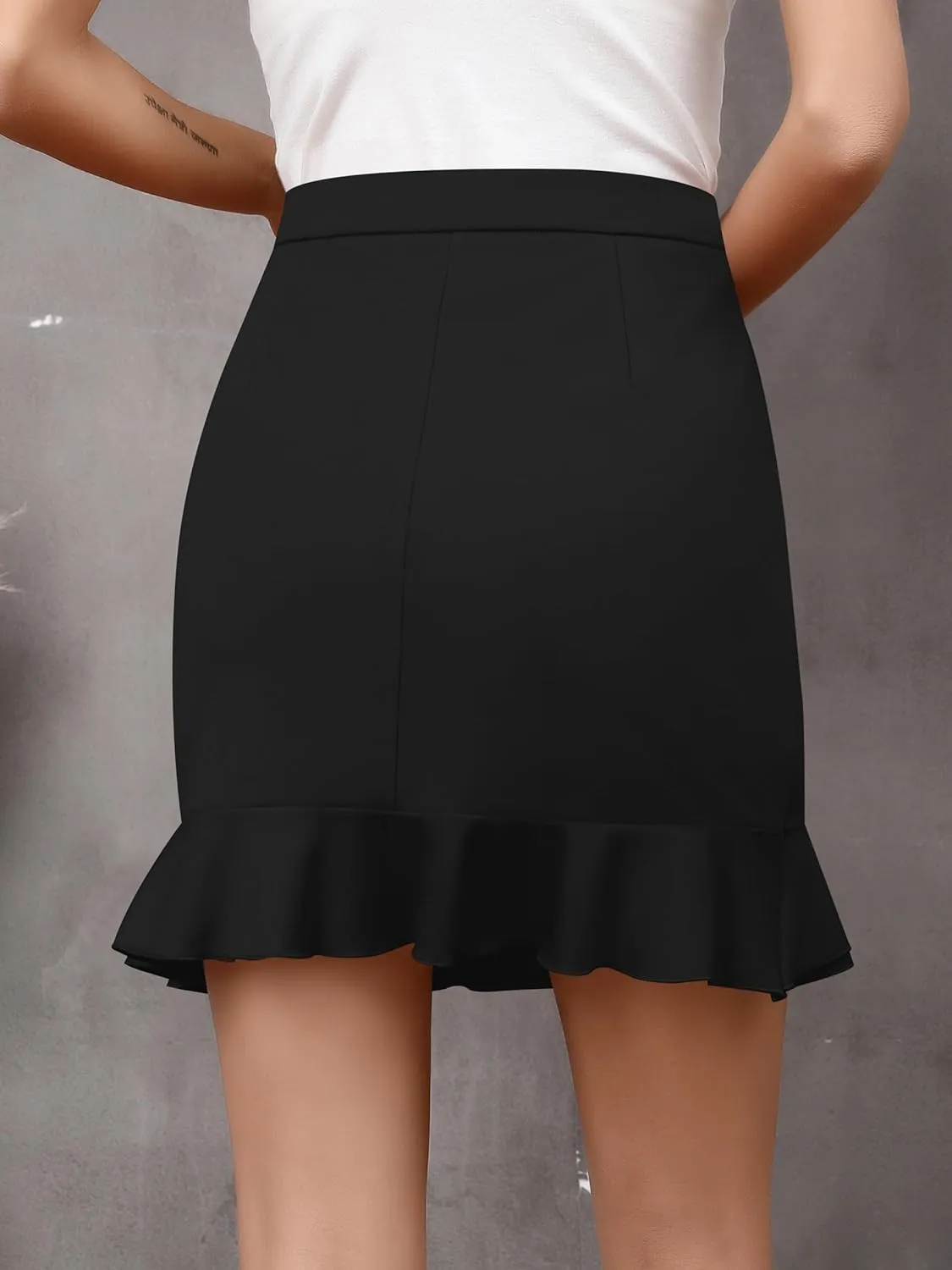 Missufe Women's Summer Casual Wrap Ruffle Hem High Waist Stretch Solid Mini Short Skirt