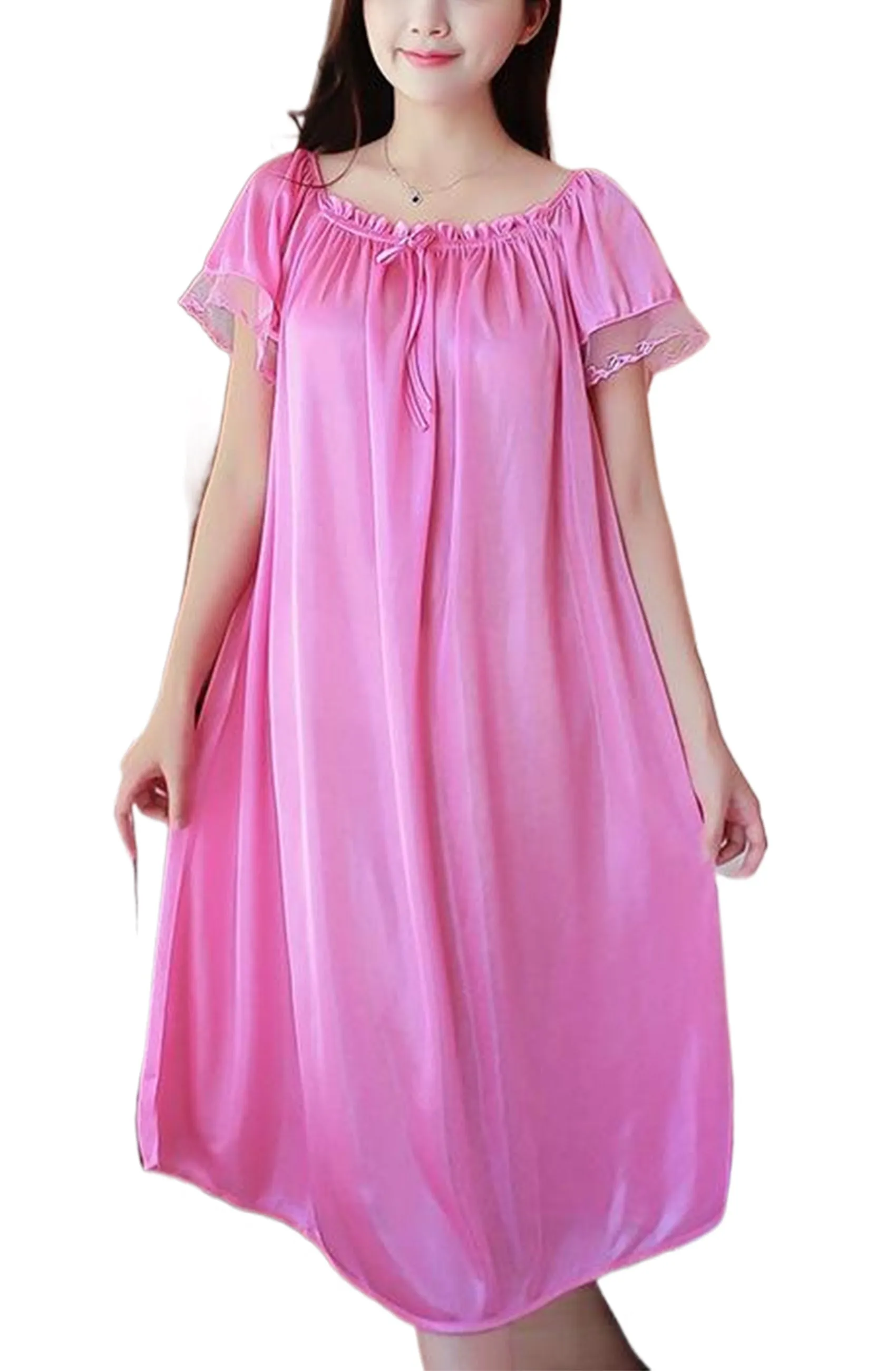 Mist Azur Women's Satin Silky Nightgown Loose Pleated Square Neck Sleepwear Short Sleeve Sleep Dress Nightshirt
