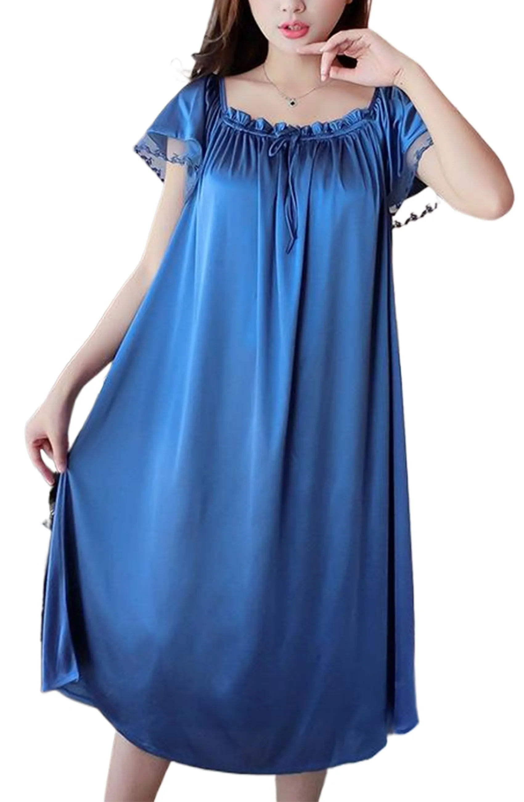 Mist Azur Women's Satin Silky Nightgown Loose Pleated Square Neck Sleepwear Short Sleeve Sleep Dress Nightshirt