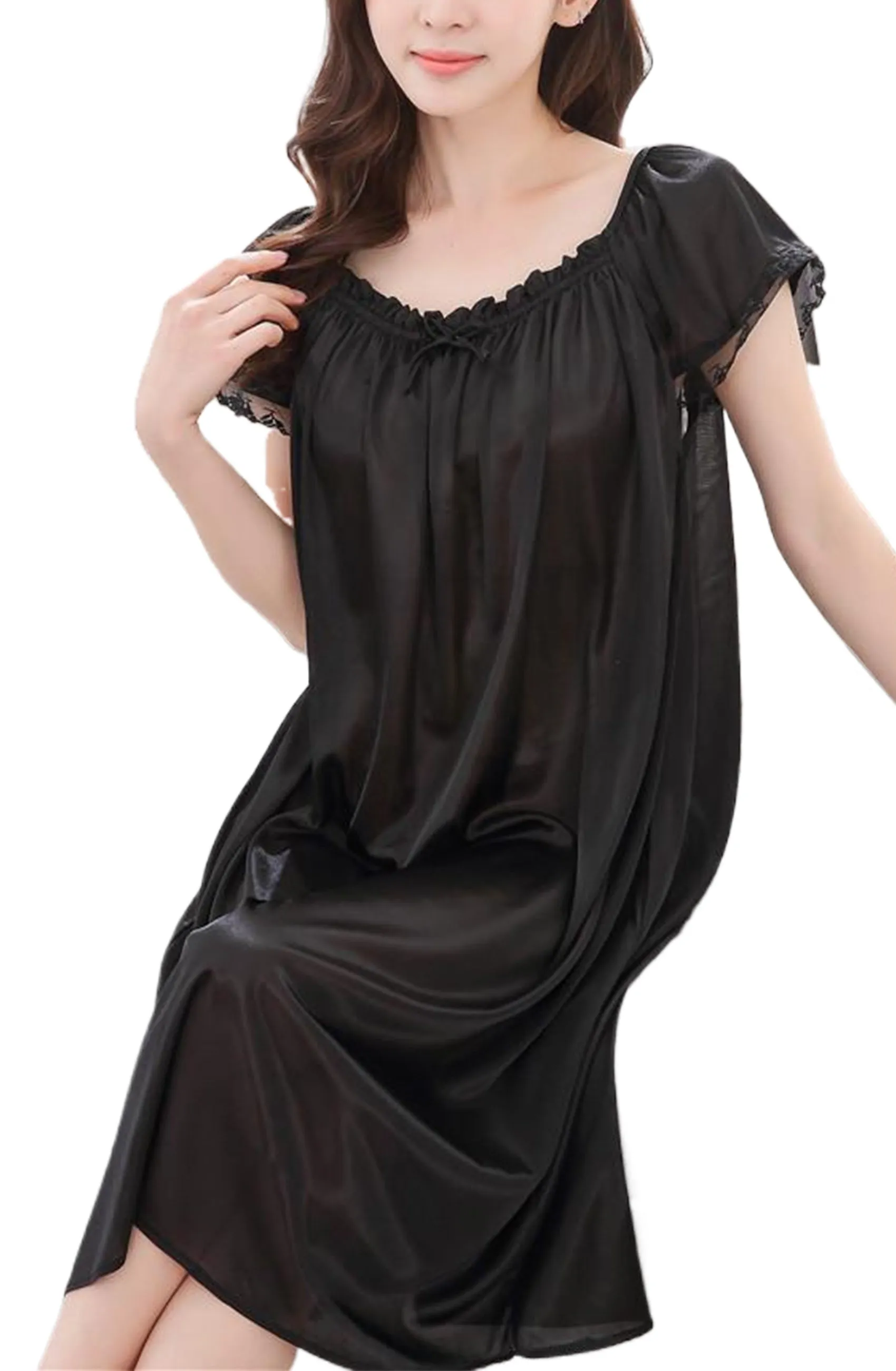 Mist Azur Women's Satin Silky Nightgown Loose Pleated Square Neck Sleepwear Short Sleeve Sleep Dress Nightshirt