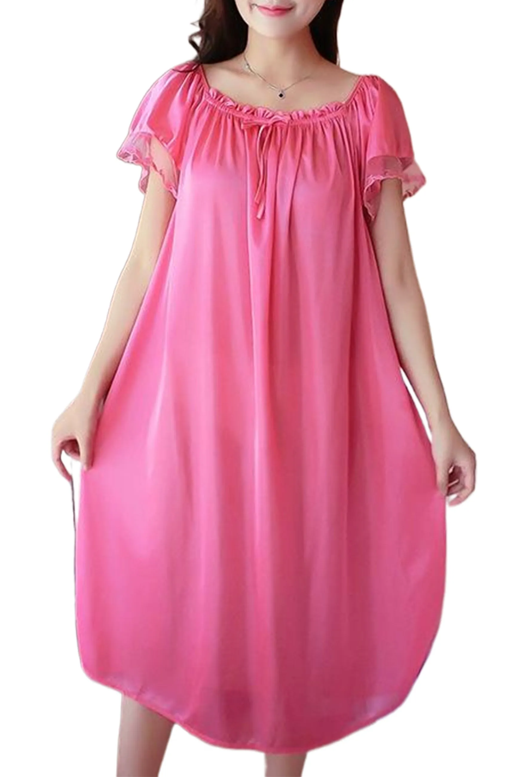 Mist Azur Women's Satin Silky Nightgown Loose Pleated Square Neck Sleepwear Short Sleeve Sleep Dress Nightshirt