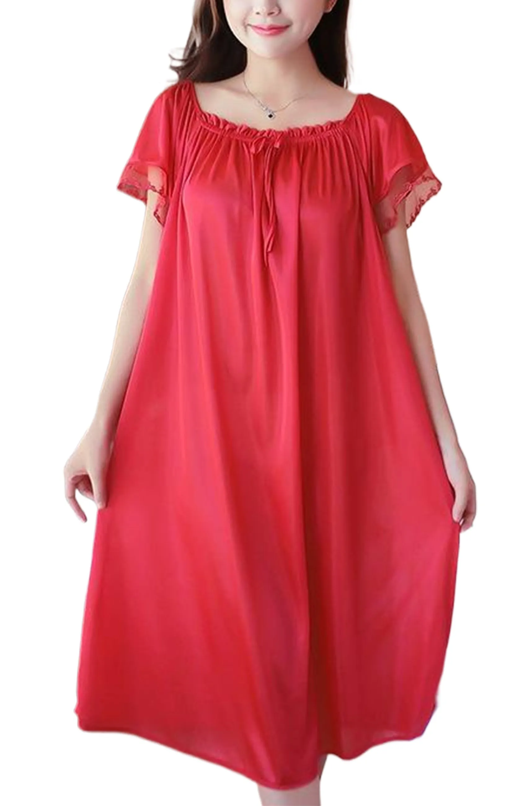 Mist Azur Women's Satin Silky Nightgown Loose Pleated Square Neck Sleepwear Short Sleeve Sleep Dress Nightshirt