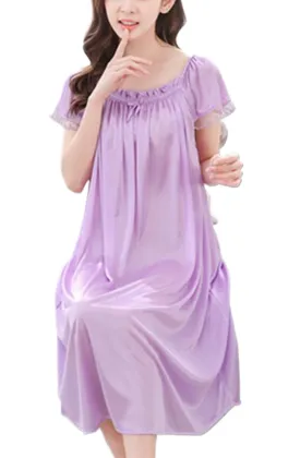 Mist Azur Women's Satin Silky Nightgown Loose Pleated Square Neck Sleepwear Short Sleeve Sleep Dress Nightshirt