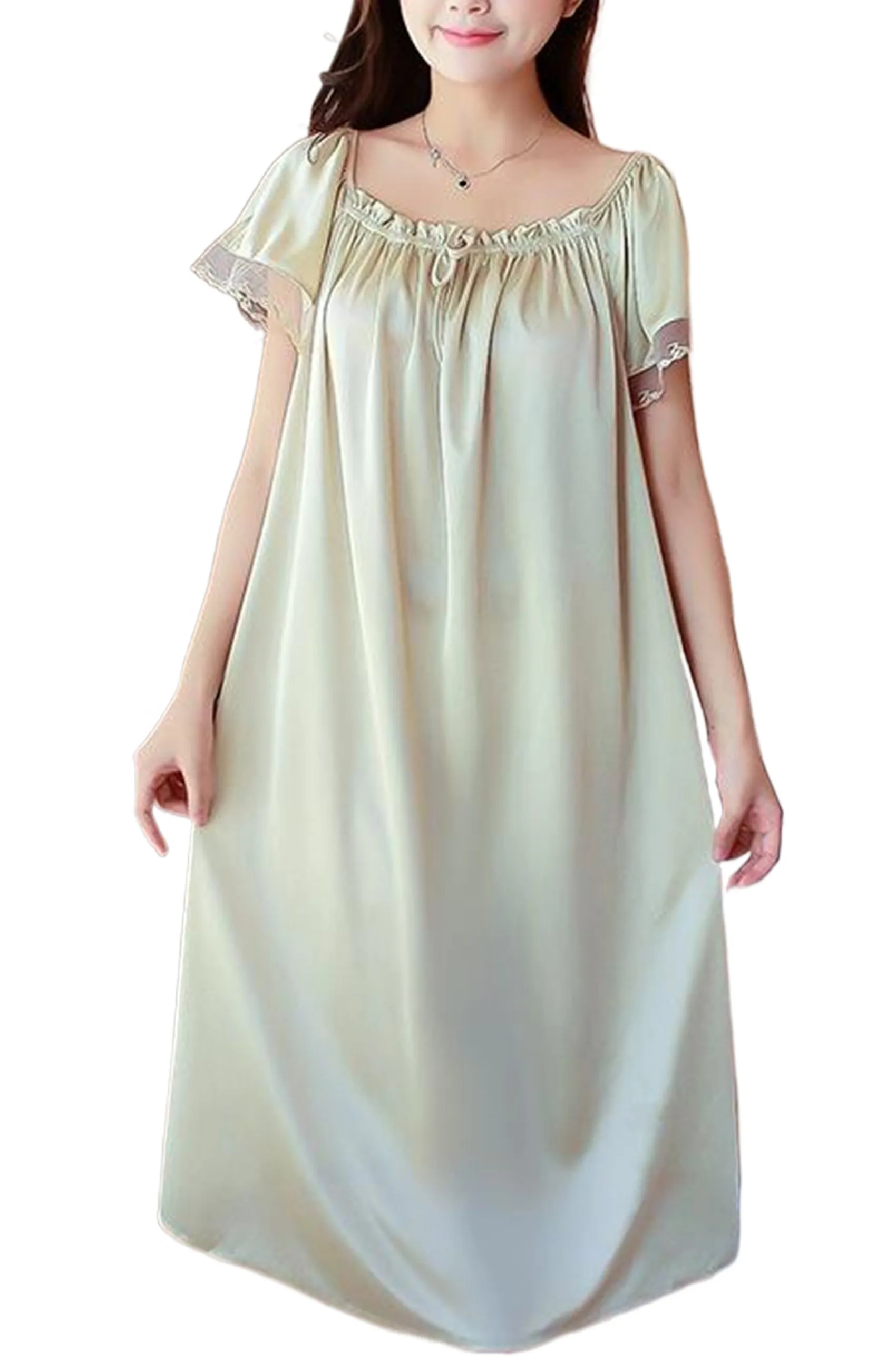 Mist Azur Women's Satin Silky Nightgown Loose Pleated Square Neck Sleepwear Short Sleeve Sleep Dress Nightshirt