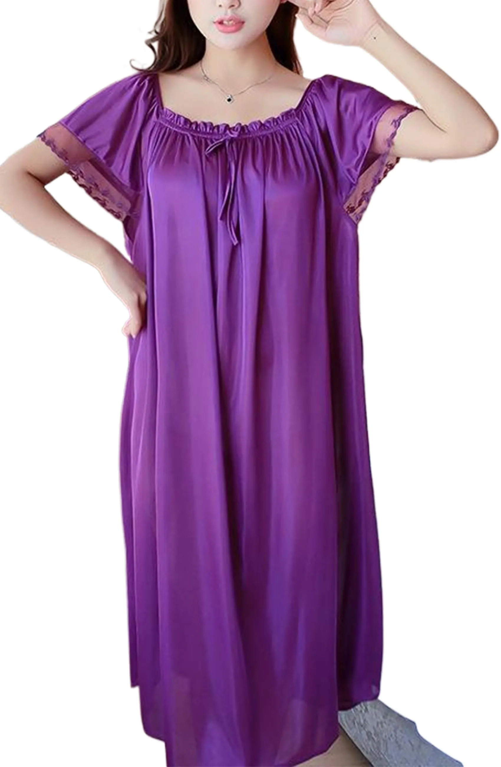 Mist Azur Women's Satin Silky Nightgown Loose Pleated Square Neck Sleepwear Short Sleeve Sleep Dress Nightshirt