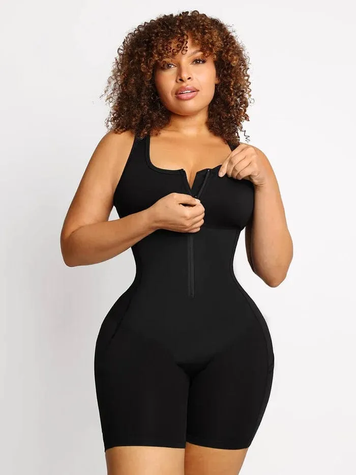 One Piece Shaping Bodysuit with Front Zipper and Side Pockets