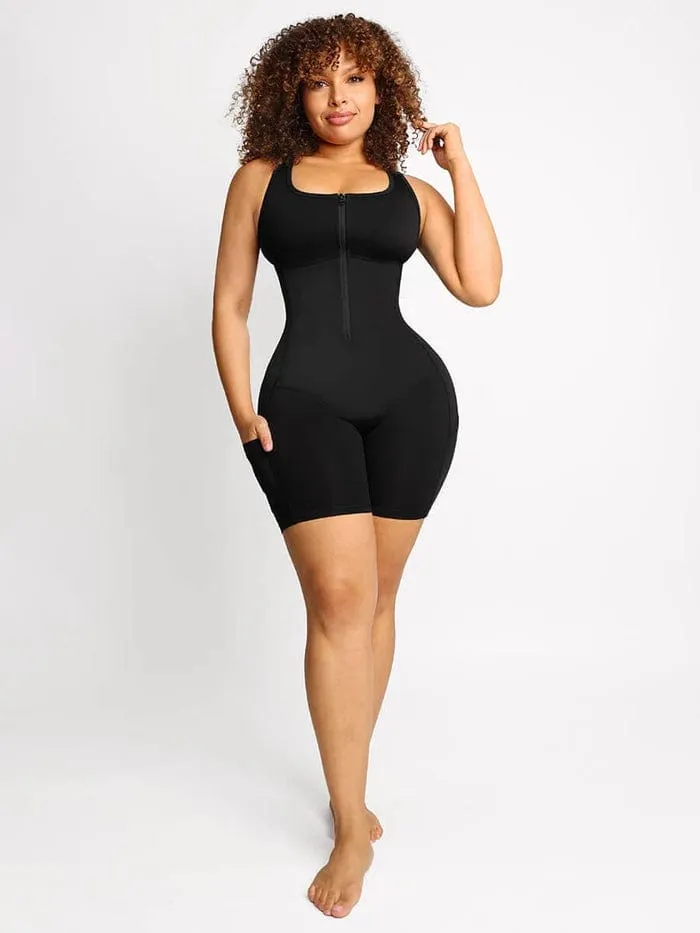 One Piece Shaping Bodysuit with Front Zipper and Side Pockets