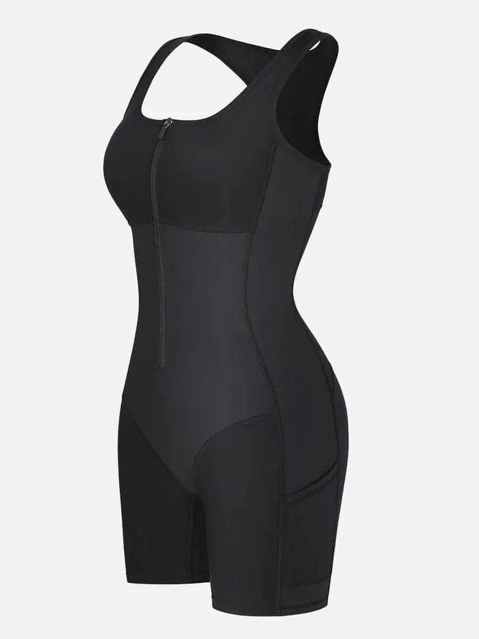 One Piece Shaping Bodysuit with Front Zipper and Side Pockets