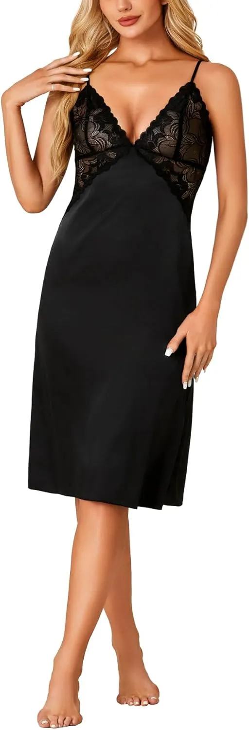 OPOIPIN Women's Satin Nightgown Full Slip Lace Trim V Neck Sleeveless Chemise Silk Lingerie Nightdress
