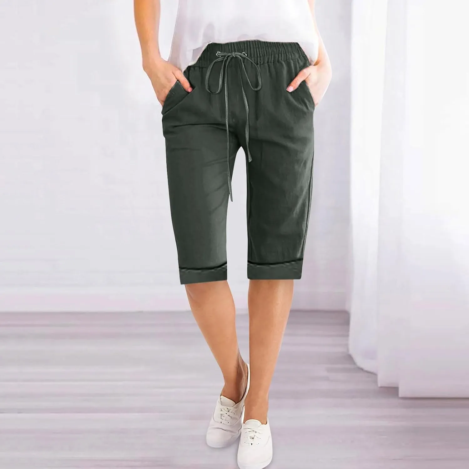Petite to Bermuda Shorts for Women Knee Length Cotton Linen Shorts Casual Summer Baggy Dressy Shorts with Pockets