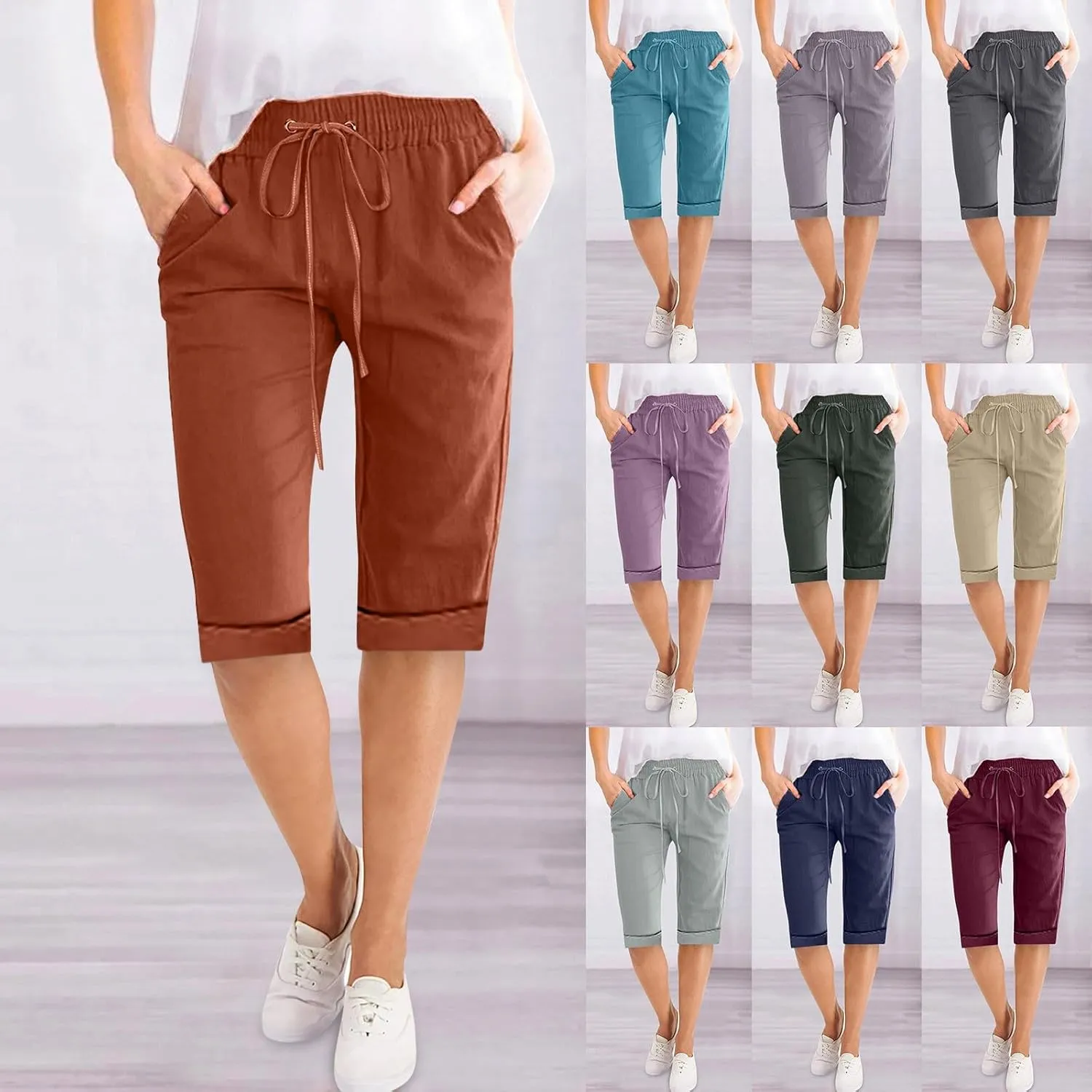 Petite to Bermuda Shorts for Women Knee Length Cotton Linen Shorts Casual Summer Baggy Dressy Shorts with Pockets