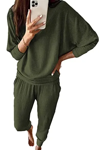 PRETTYGARDEN Women's 2023 Fall Fashion Outfits 2 Piece Sweatsuit Solid Color Long Sleeve Pullover Long Pants (Khaki,XX-Large)