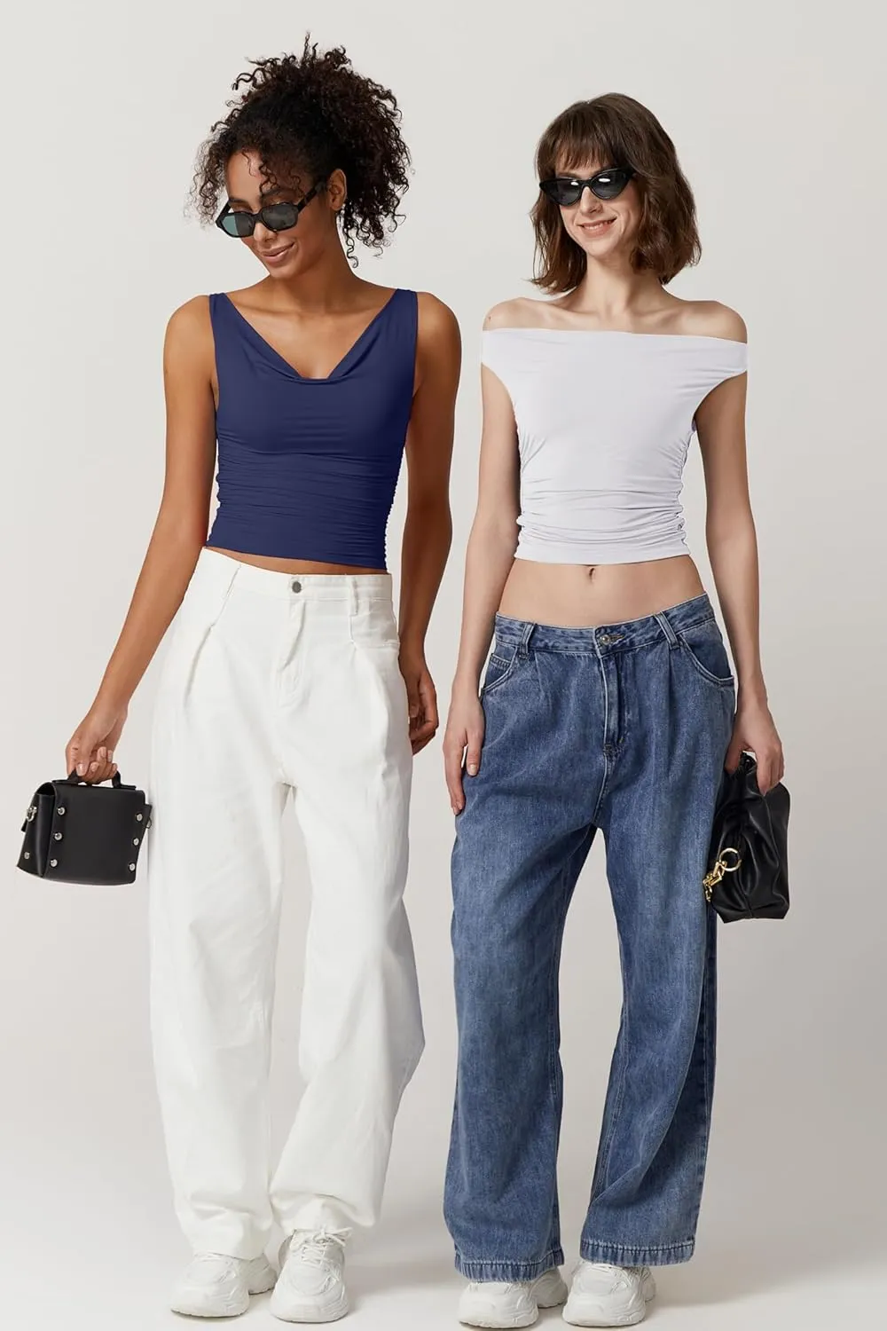 QINSEN Women's Cowl Neck Top Sleeveless Ruched Double Lined Crop Top Y2k T Shirts