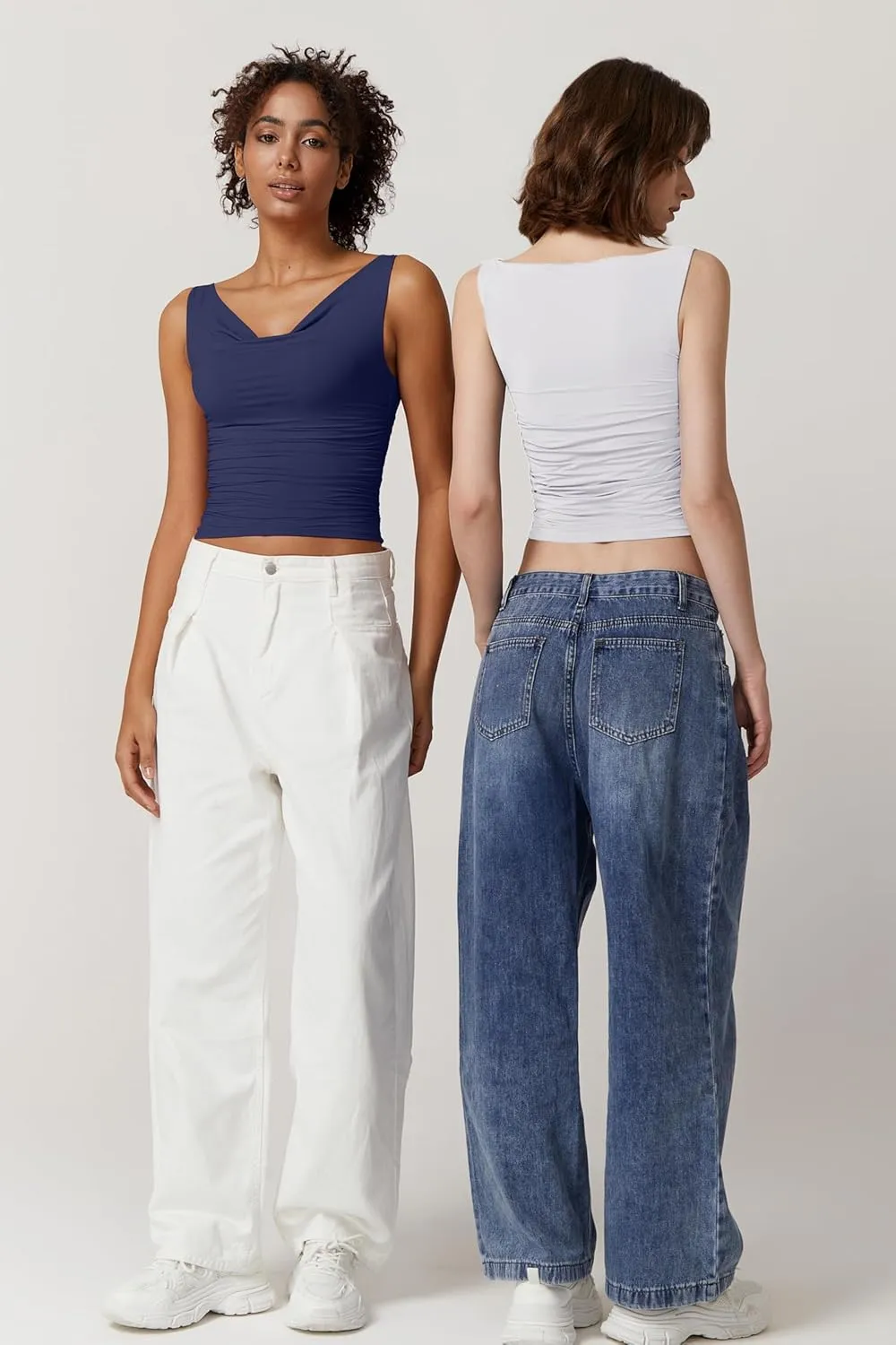 QINSEN Women's Cowl Neck Top Sleeveless Ruched Double Lined Crop Top Y2k T Shirts