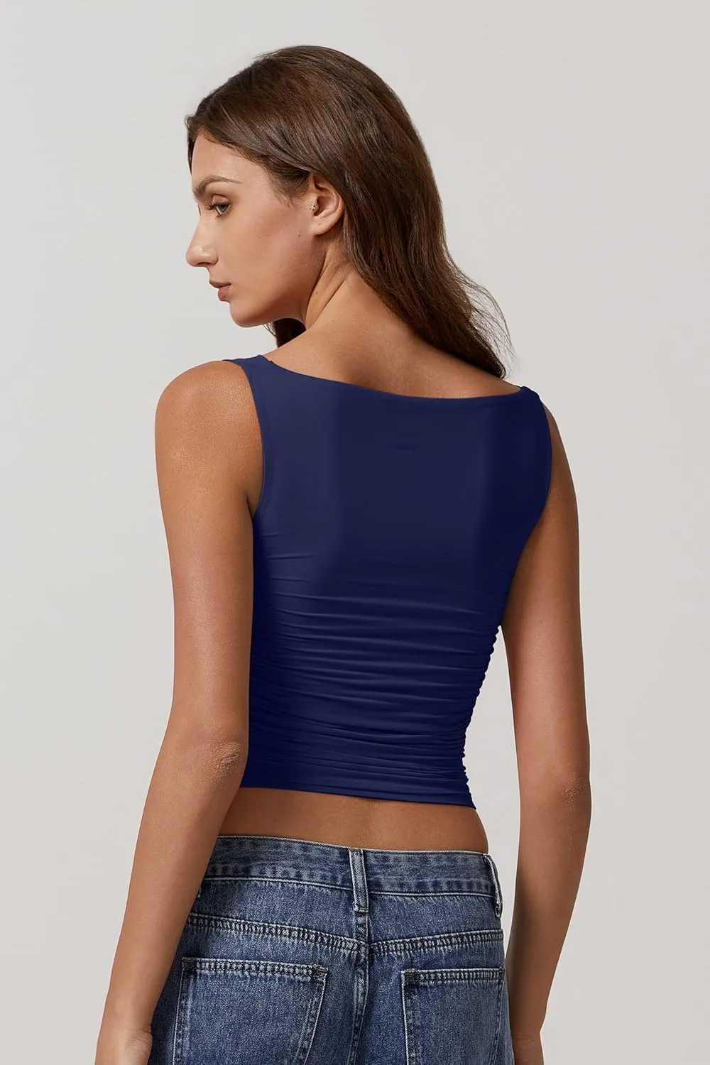 QINSEN Women's Cowl Neck Top Sleeveless Ruched Double Lined Crop Top Y2k T Shirts