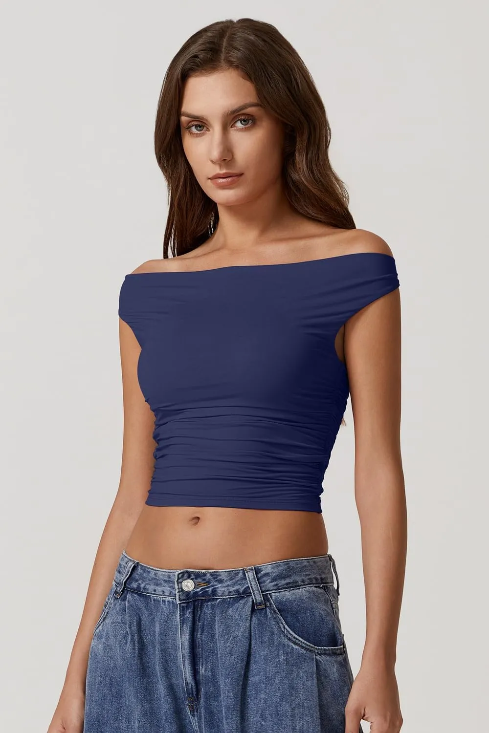 QINSEN Women's Cowl Neck Top Sleeveless Ruched Double Lined Crop Top Y2k T Shirts