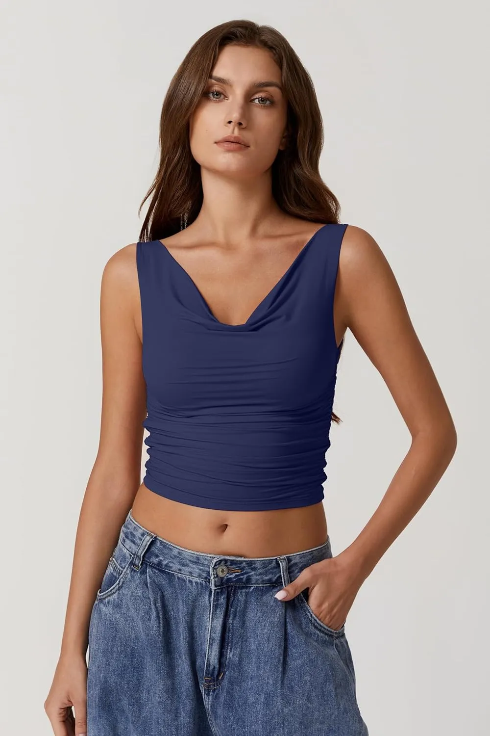 QINSEN Women's Cowl Neck Top Sleeveless Ruched Double Lined Crop Top Y2k T Shirts