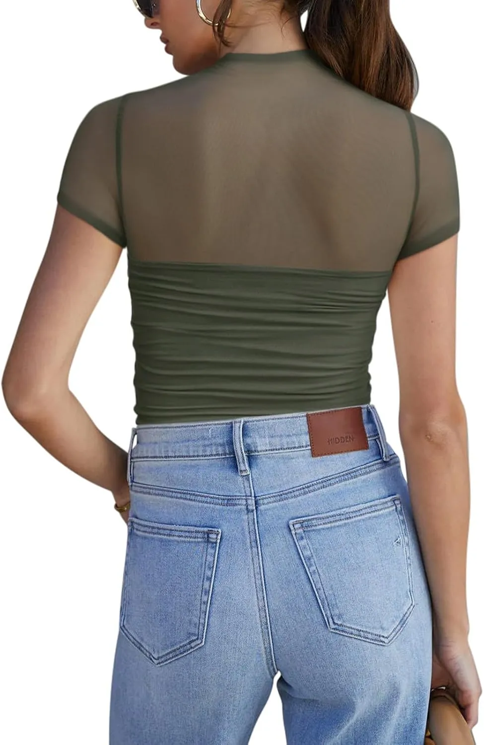 REORIA Women's Sexy Mock Turtle Neck Short Sleeve Shirts Sheer Mesh Ruched Trendy Going Out Bodysuits Tops