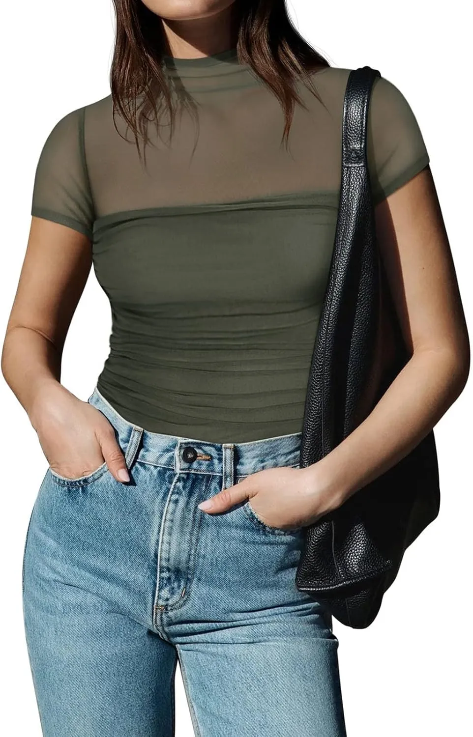 REORIA Women's Sexy Mock Turtle Neck Short Sleeve Shirts Sheer Mesh Ruched Trendy Going Out Bodysuits Tops