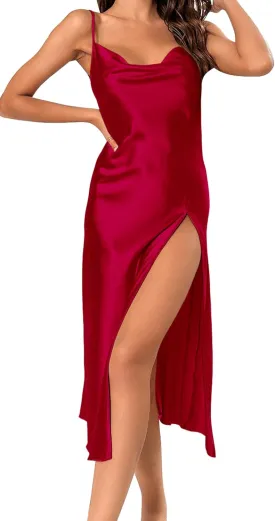 SEAUR Women's Satin Silk Dress Spaghetti Strap Split Nightgowns Sexy Lingerie Sleepwear Full Slip Nightdress