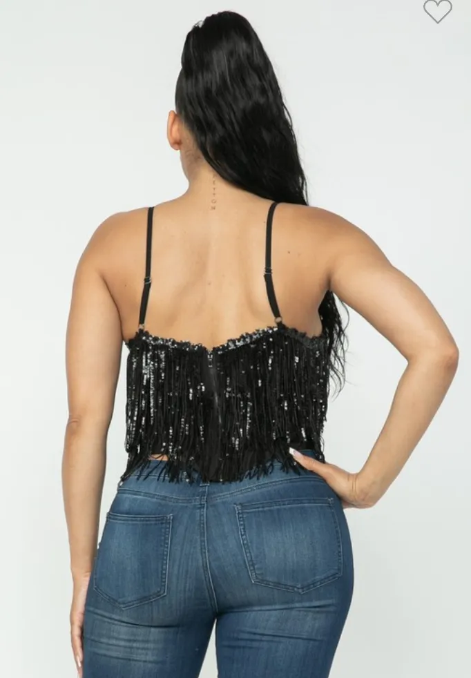 Sequins Fringe Top - Black
