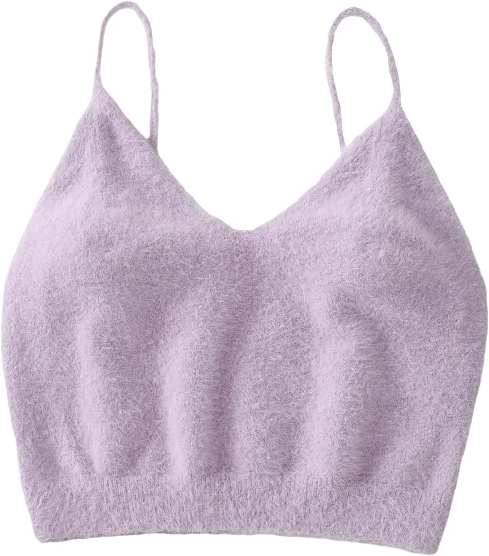 SHENHE Women's V Neck Spaghetti Strap Furry Cute Top Fluffy Knit Crop Cami Top Tank