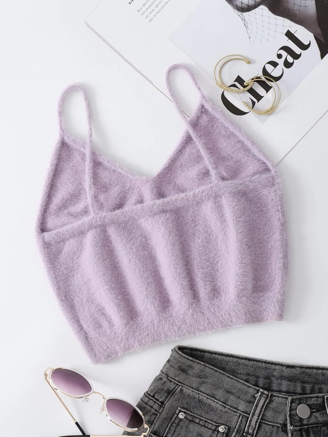 SHENHE Women's V Neck Spaghetti Strap Furry Cute Top Fluffy Knit Crop Cami Top Tank