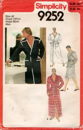 Simplicity 9252 Mens Wrap Robe Dressing Gown 1970s Vintage Sewing Pattern Size 42 inches UNCUT Factory Folded