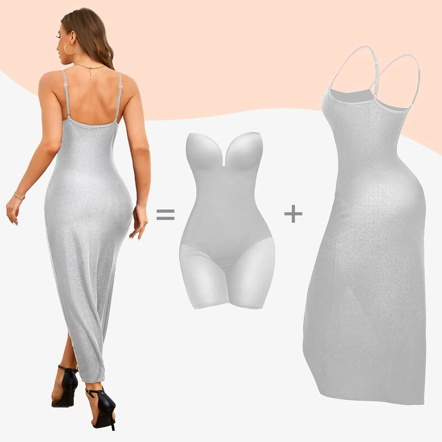 Slimers Women's Wedding Guest Shapewear Dresses Buit in Bra Layered Formal Spaghetti Strap Backless Full Slips Bodycon Dress