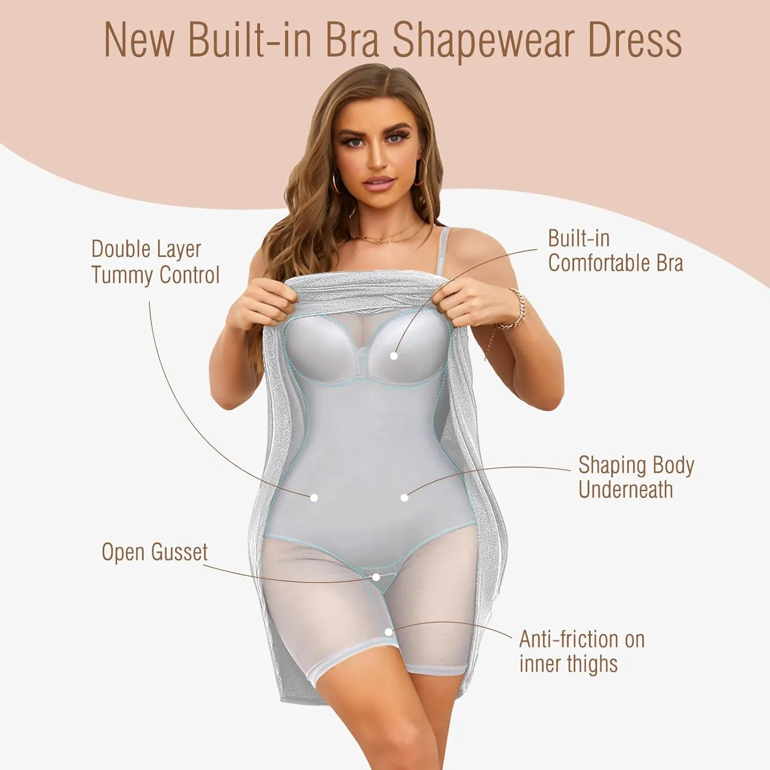 Slimers Women's Wedding Guest Shapewear Dresses Buit in Bra Layered Formal Spaghetti Strap Backless Full Slips Bodycon Dress