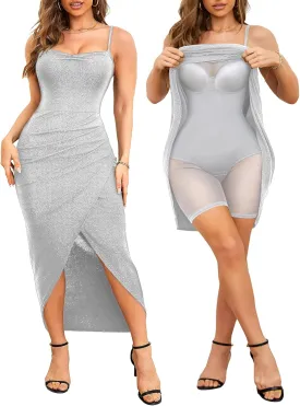Slimers Women's Wedding Guest Shapewear Dresses Buit in Bra Layered Formal Spaghetti Strap Backless Full Slips Bodycon Dress