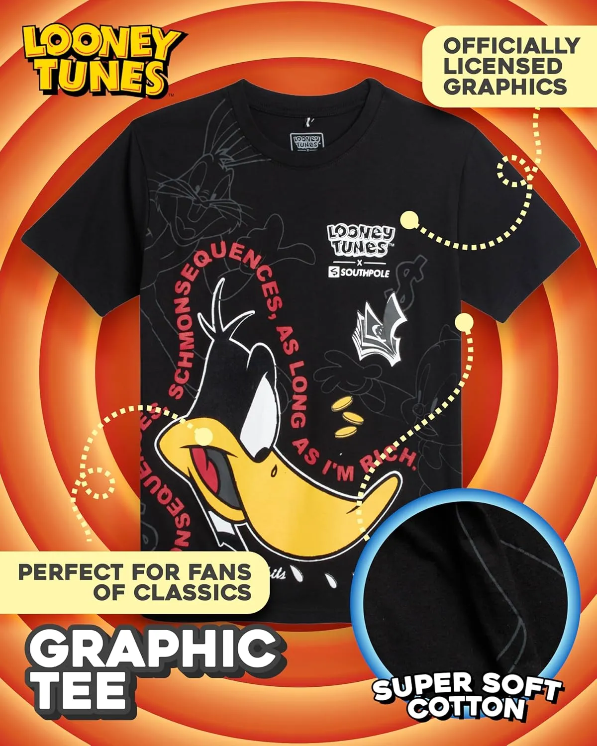 Southpole Boys' Graphic T-Shirts - Looney Tunes Bugs Bunny Tom and Jerry Crewneck Short Sleeve Graphic Tees (Sizes: 8-20)