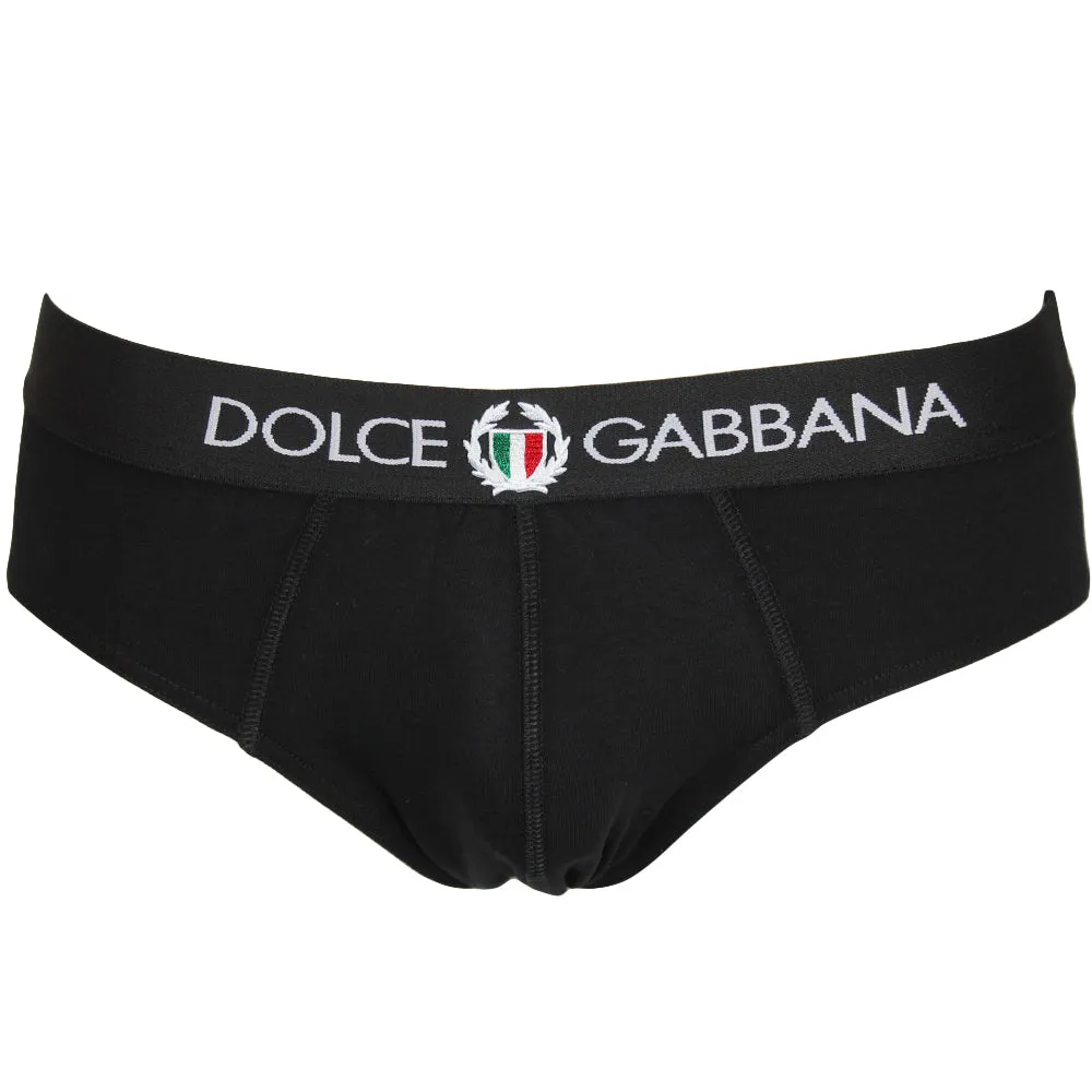 Stretch Cotton Mid-Rise Briefs With Crest, Black